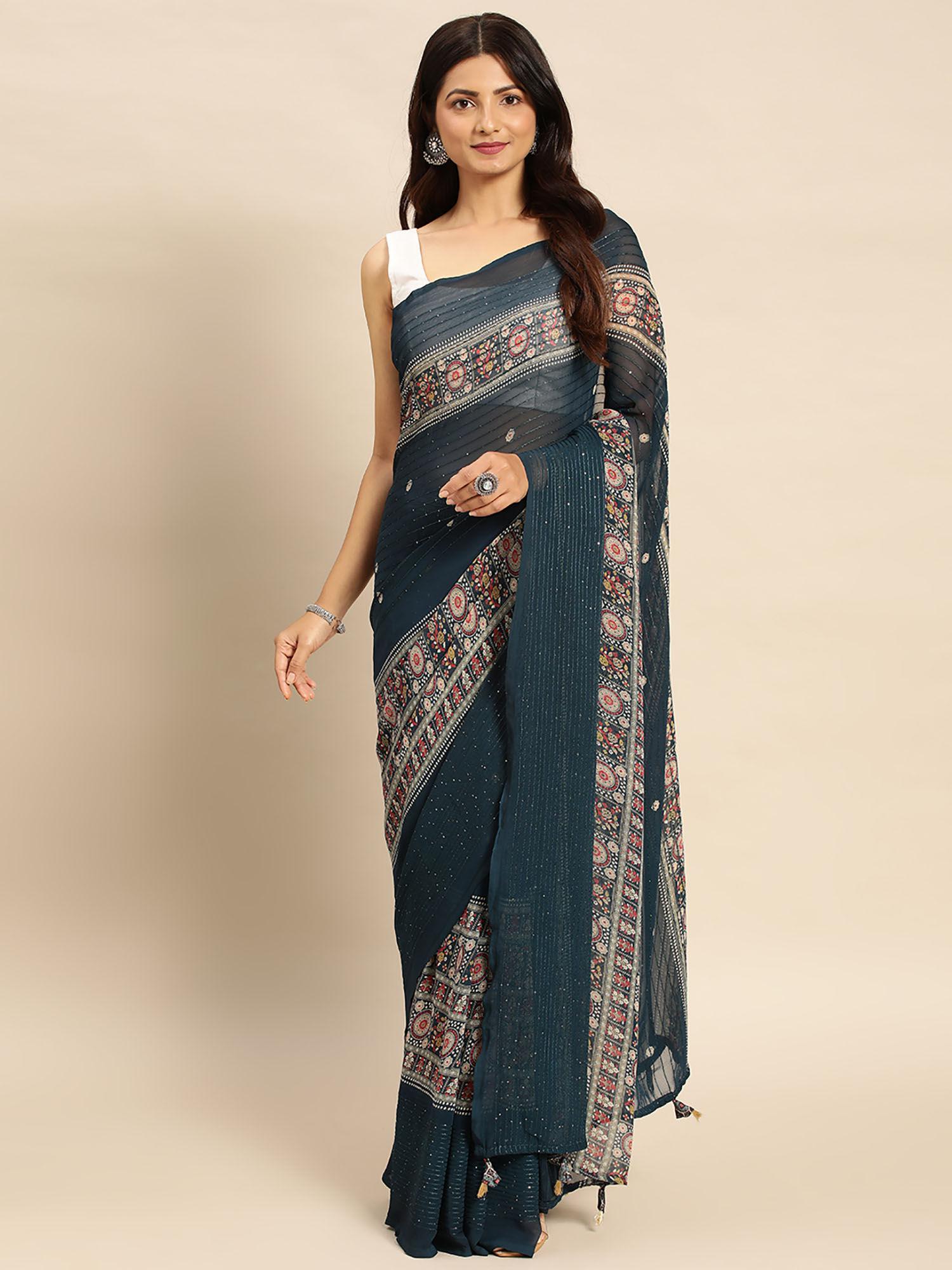 navy blue embellished ethnic motifs satin saree with unstitched blouse