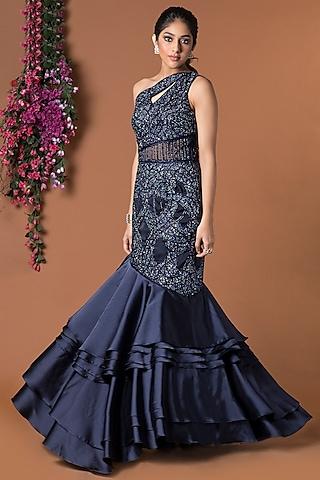 navy blue embellished fish cut gown