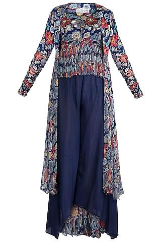 navy blue embellished printed top with cape & pants
