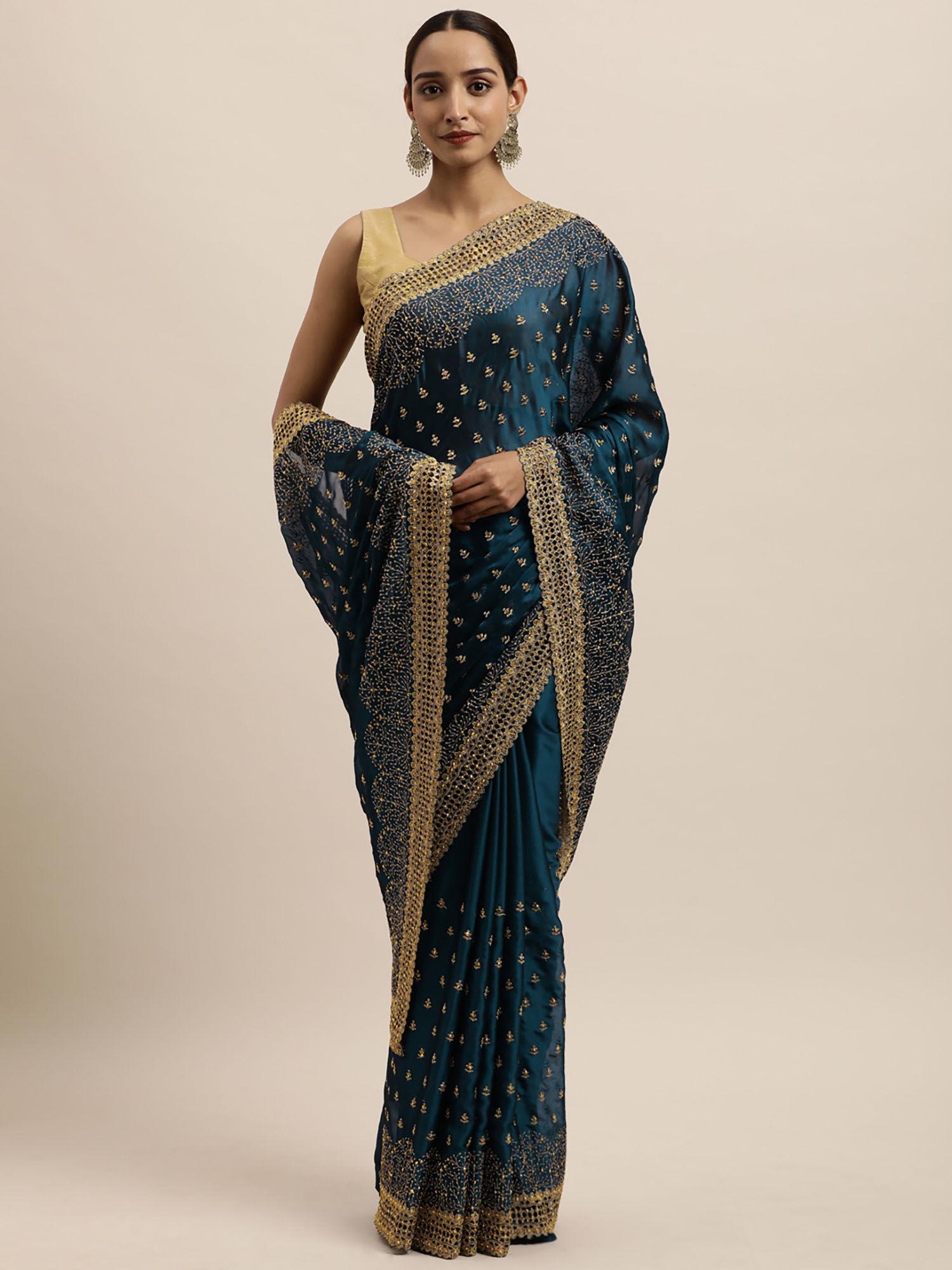 navy blue embellished sequined art silk saree with unstitched blouse