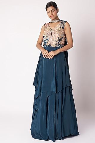 navy blue embroidered & printed anarkali set