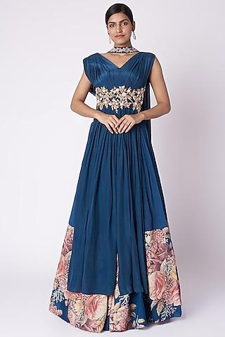 navy blue embroidered & printed anarkali set