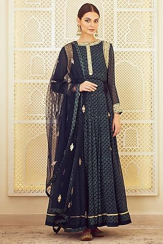 navy blue embroidered & printed anarkali set