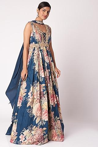 navy blue embroidered & printed anarkali with dupatta