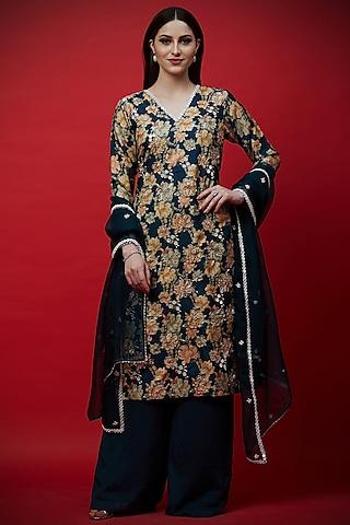 navy blue embroidered & printed tunic set