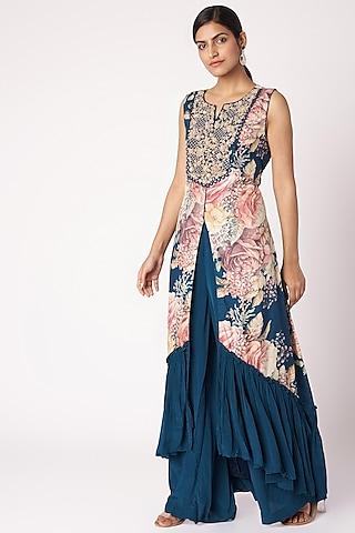 navy blue embroidered & printed tunic with palazzo pants