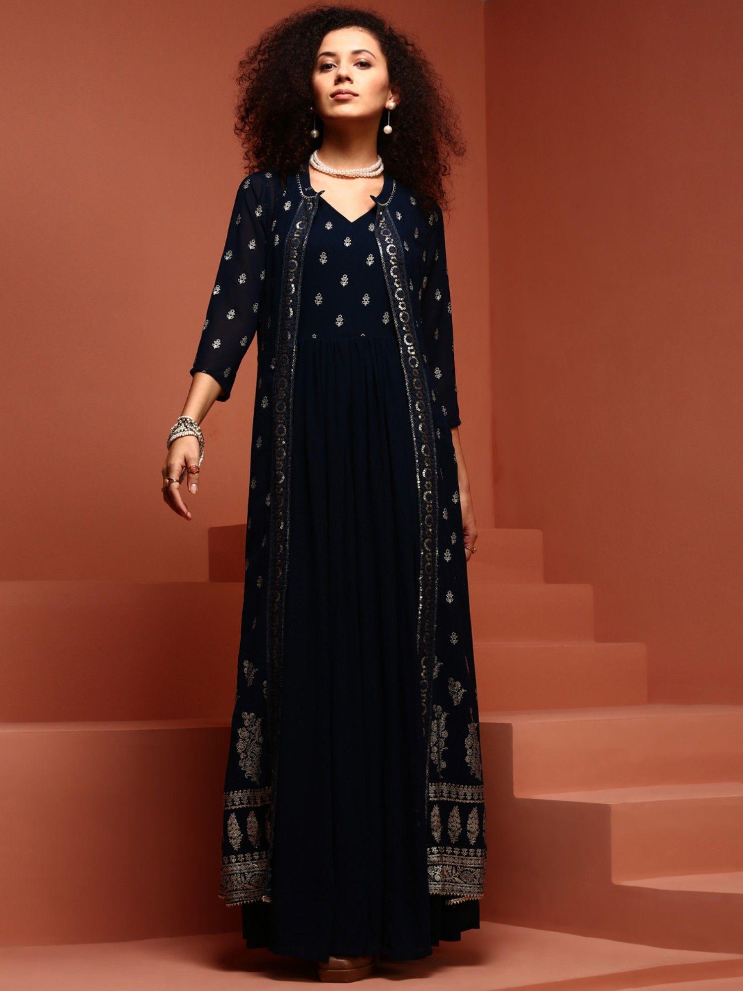 navy blue embroidered a-line maxi dress with jacket (set of 2)