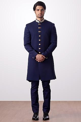 navy blue embroidered achkan jacket with trouser pants