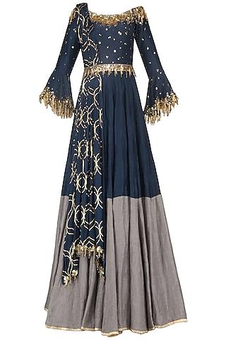 navy blue embroidered anarkali gown set