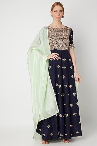 navy blue embroidered anarkali gown with dupatta