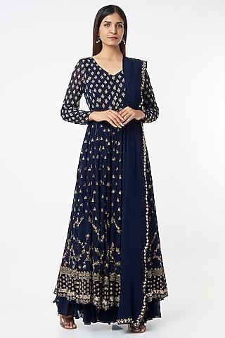 navy blue embroidered anarkali set