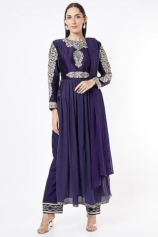 navy blue embroidered anarkali set