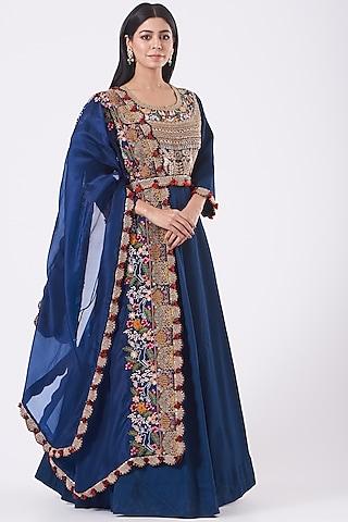 navy blue embroidered anarkali set