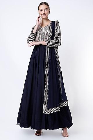 navy blue embroidered anarkali set