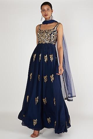 navy blue embroidered anarkali with dupatta