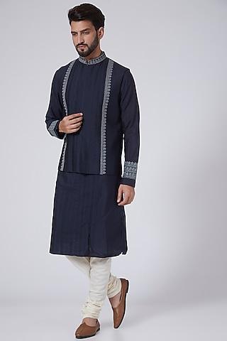 navy blue embroidered bundi jacket with kurta