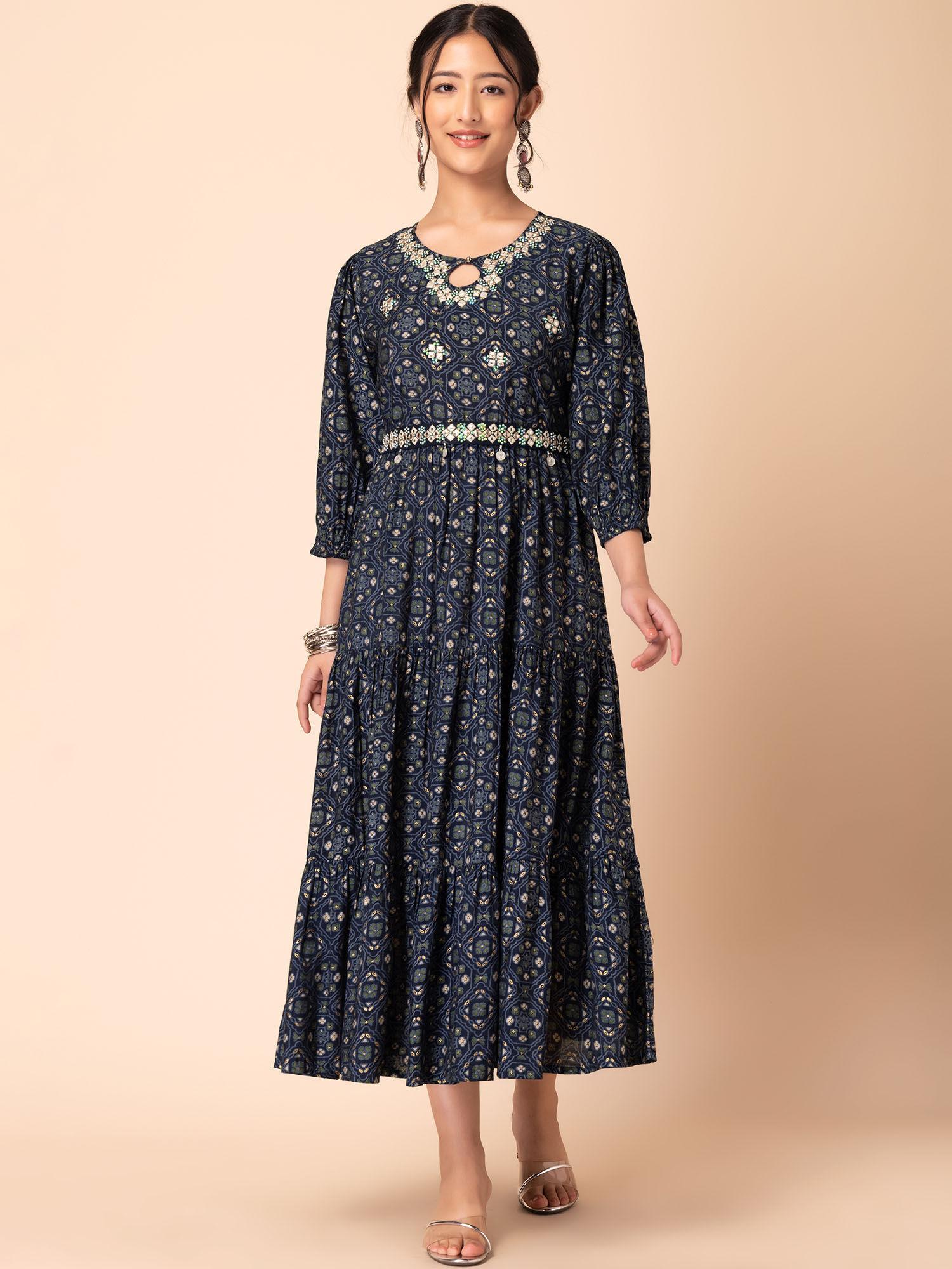 navy blue embroidered chanderi dress with belt (set of 2)