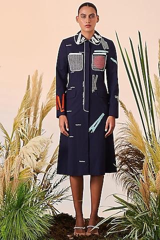 navy blue embroidered coat dress