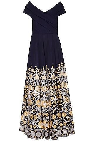 navy blue embroidered cocktail gown