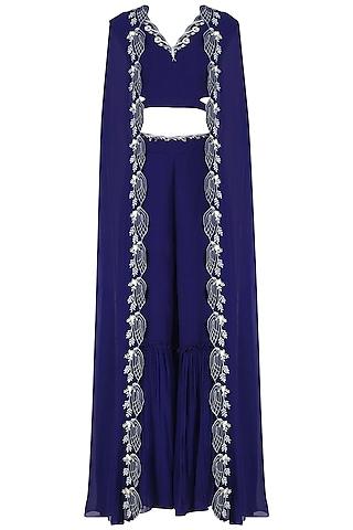 navy blue embroidered crop top, sharara pants and cape