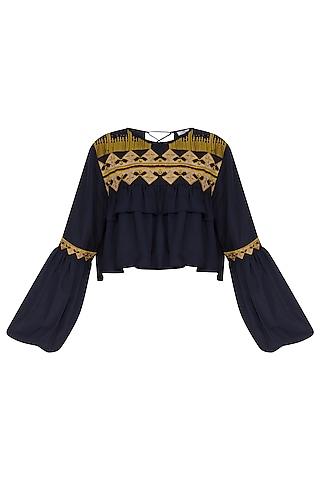 navy blue embroidered cropped blouse