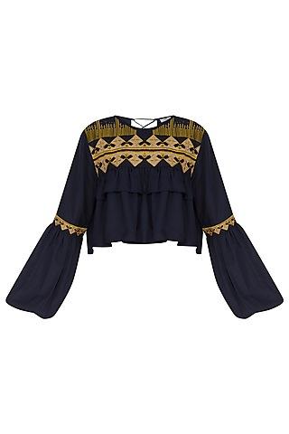 navy blue embroidered cropped blouse