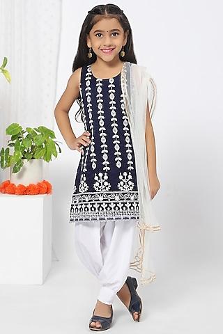 navy blue embroidered dhoti set for girls