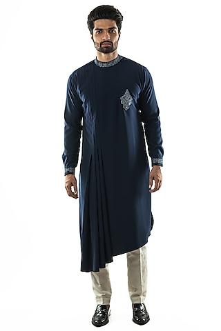 navy blue embroidered draped kurta set