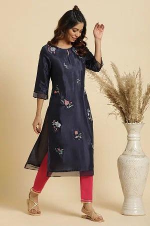 navy blue embroidered festive kurta