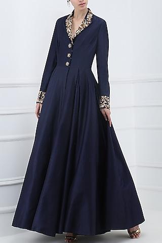 navy blue embroidered front open gown