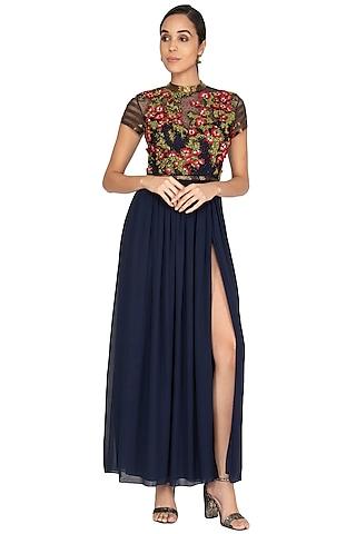 navy blue embroidered gown with belt
