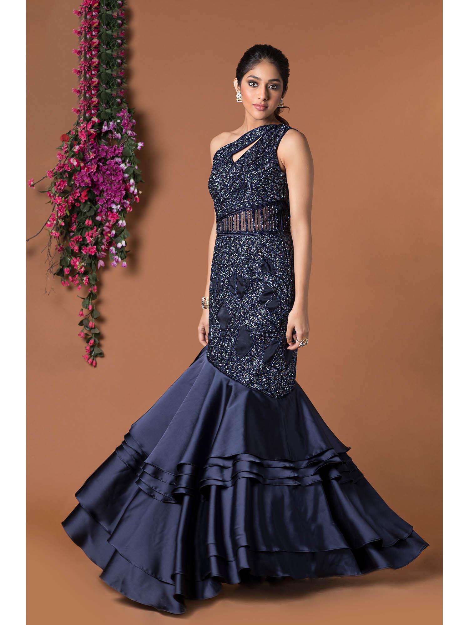 navy blue embroidered gown