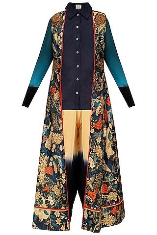 navy blue embroidered jacket, shirt tunic and dhoti pants set