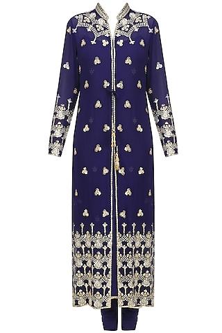 navy blue embroidered jacket kurta set