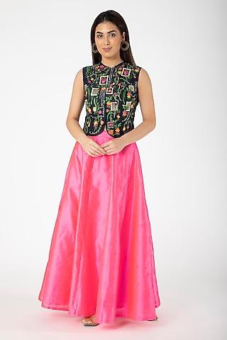 navy blue embroidered jacket with fuchsia lehenga