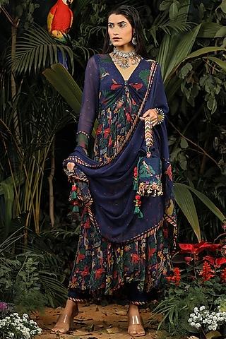 navy blue embroidered kalidar anarkali set