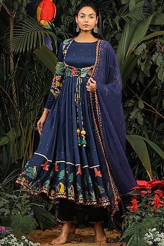 navy blue embroidered kalidar anarkali set