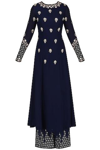 navy blue embroidered kurta and palazzo set