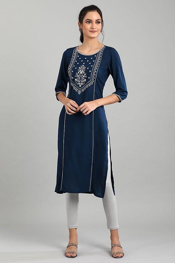 navy blue embroidered kurta in round neckline