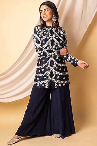 navy blue embroidered kurta set