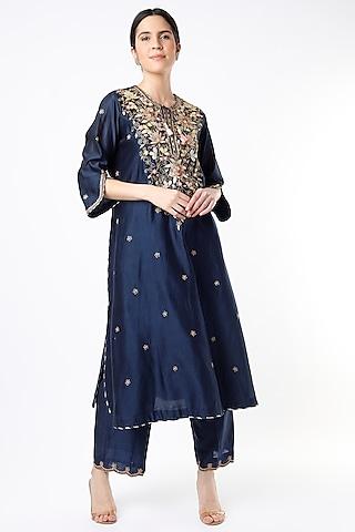 navy blue embroidered kurta set