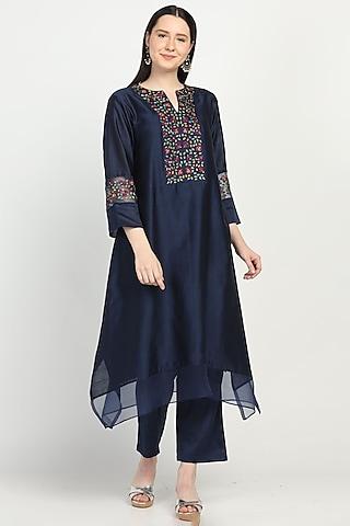 navy blue embroidered kurta set