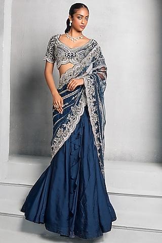 navy blue embroidered lehenga saree set