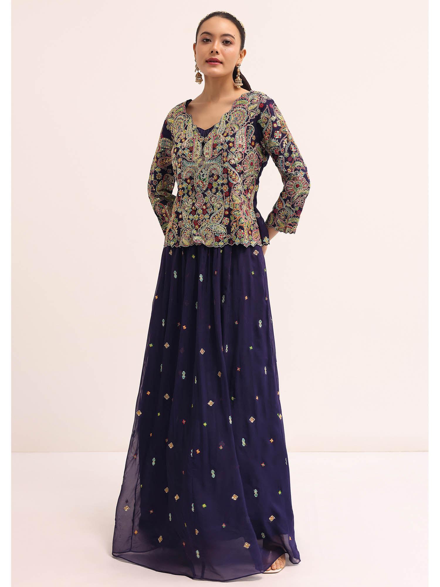 navy blue embroidered lehenga with top (set of 2)