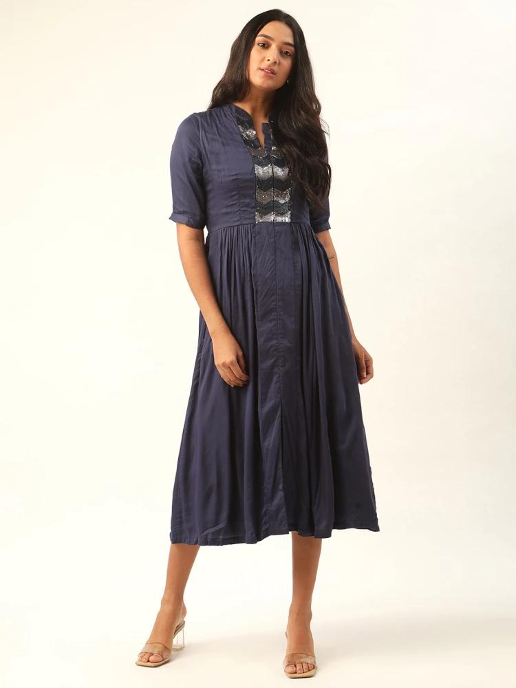 navy blue embroidered mandarin collar dress