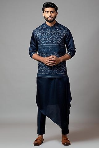 navy blue embroidered nehru jacket