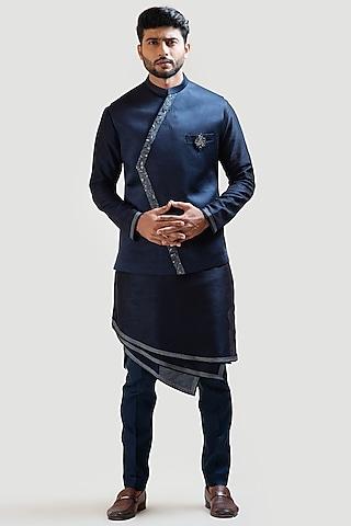 navy blue embroidered nehru jacket