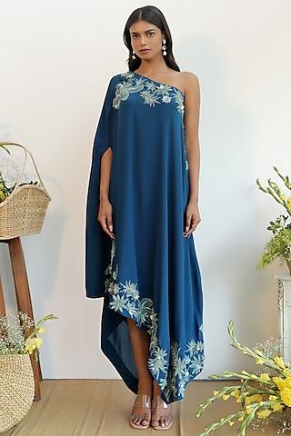 navy blue embroidered one-shoulder dress