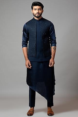 navy blue embroidered paneled nehru jacket