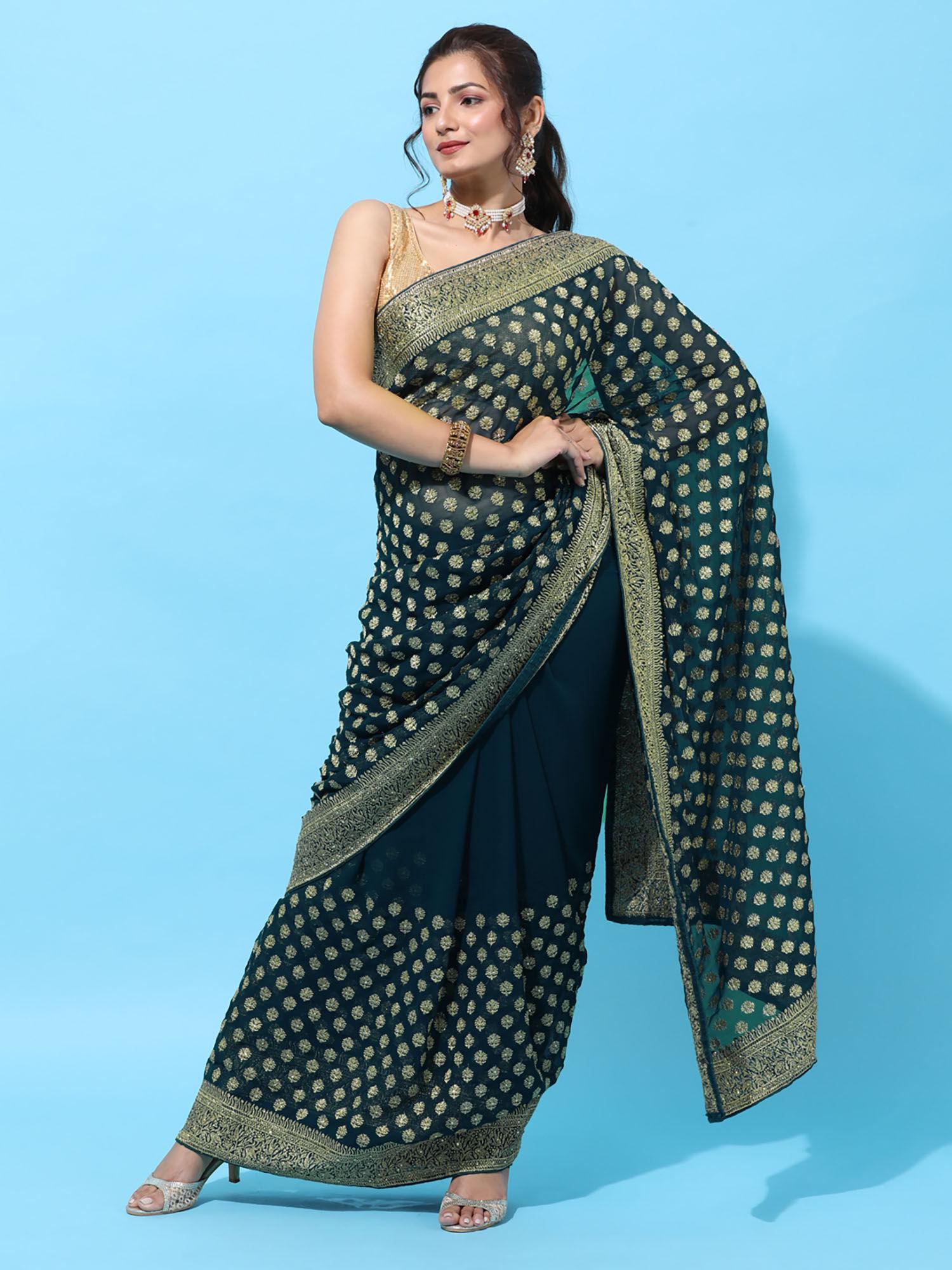 navy blue embroidered pure georgette heavy work saree with unstitched blouse